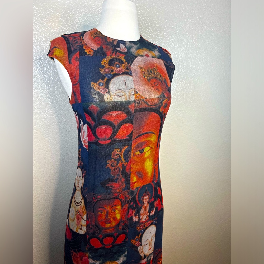 Vivienne Tam For Cache Mesh Buddha Print Shimmer Maxi Dress 90s - Y2K Size 1